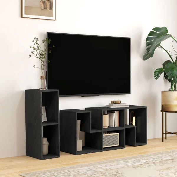 TV Unit 75" max Modular TV Stand with 2 L-Shaped Shelves and Rectangular Shelf, Wooden, 134-180x30.5x44 cm, Black - Image 2