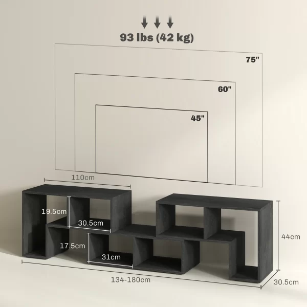 TV Unit 75" max Modular TV Stand with 2 L-Shaped Shelves and Rectangular Shelf, Wooden, 134-180x30.5x44 cm, Black - Image 3
