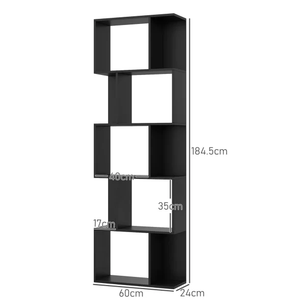 Modern Design Wooden Bookcase 5 Shelves Wooden Bookcase, 60x24x184.5 cm, Black - Image 3