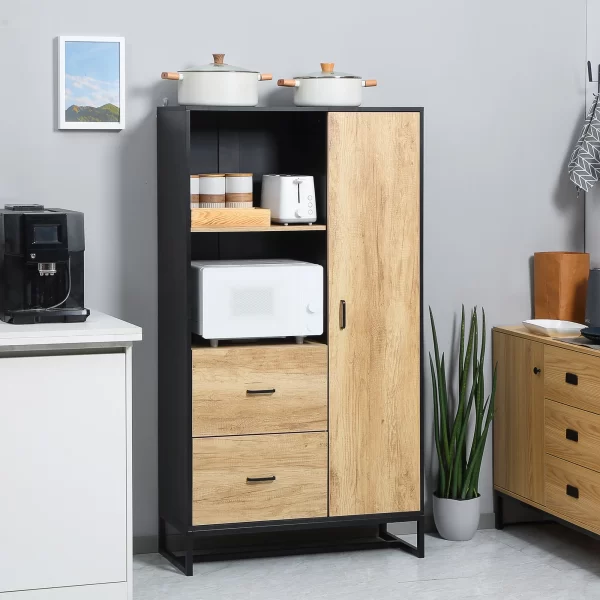 Modern Kitchen Sideboard with 2 Drawers, 2 Shelves and a Cabinet, 88x35x160 cm, Wood and Black - Image 2