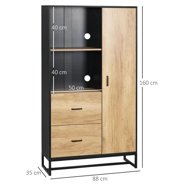 Modern Kitchen Sideboard with 2 Drawers, 2 Shelves and a Cabinet, 88x35x160 cm, Wood and Black - Image 3