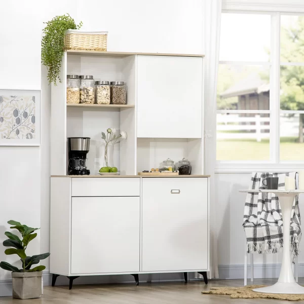 Kitchen Pantry in Chipboard and MDF with Open Shelves, Cabinets and Drawer, 119x41x180 cm, White - Image 2
