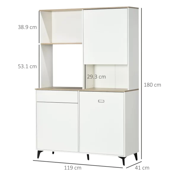 Kitchen Pantry in Chipboard and MDF with Open Shelves, Cabinets and Drawer, 119x41x180 cm, White - Image 3