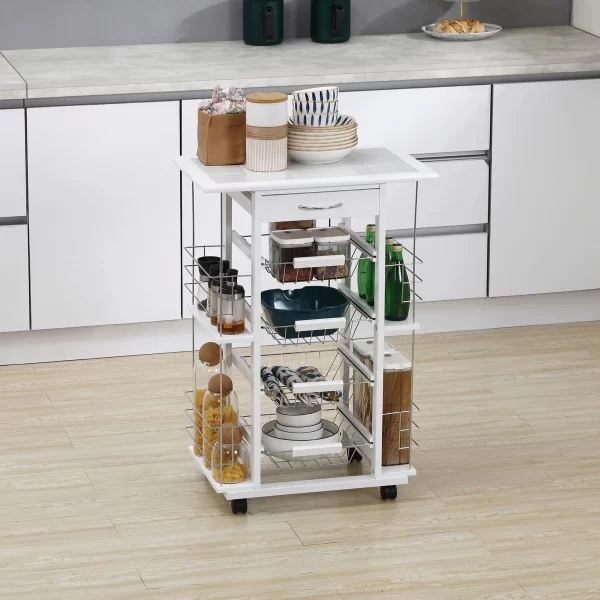 Kitchen Trolley with Drawer, 4 Baskets and 4 Shelves, in Metal, Ceramic and Wood, 57x37x83 cm, White - Image 2