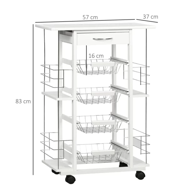 Kitchen Trolley with Drawer, 4 Baskets and 4 Shelves, in Metal, Ceramic and Wood, 57x37x83 cm, White - Image 3