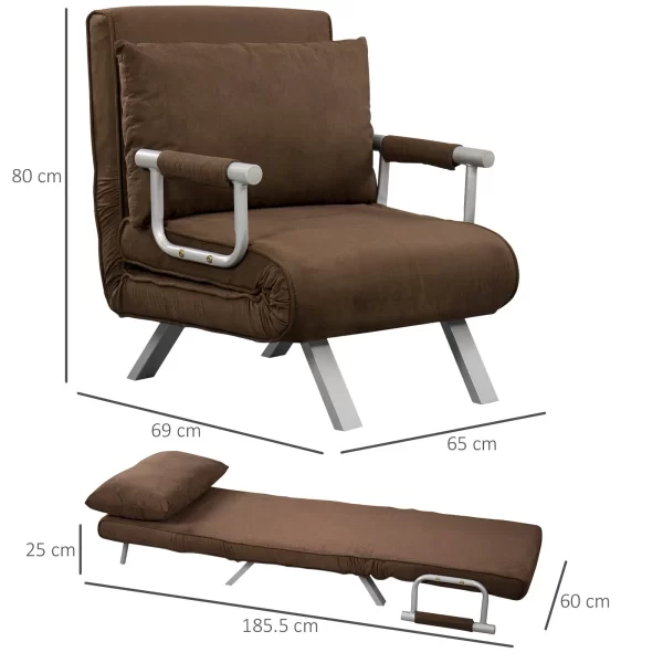 Modern 2-in-1 Armchair Bed with 5-Position Reclining Backrest and Cushion, 65x69x80cm, Brown - Image 3