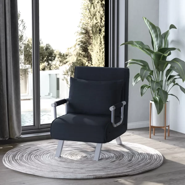 Modern 2-in-1 Armchair Bed with 5-Position Reclining Backrest and Cushion, 65x77x80cm, Black - Image 2