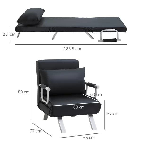 Modern 2-in-1 Armchair Bed with 5-Position Reclining Backrest and Cushion, 65x77x80cm, Black - Image 3