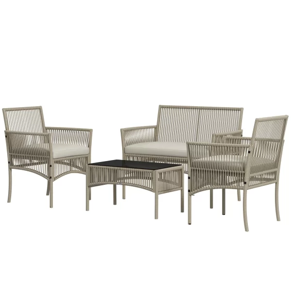 MYSTIKO | 4 Piece Rattan Garden Set with 2 Chairs, Sofa and Coffee Table, Khaki and Black - Image 3