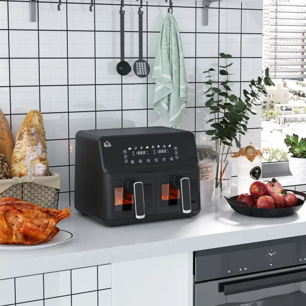 HOMCOM Air Fryer with 2 Independent Baskets and 8 Menus, in Steel and PP, 38.5x38x30.5 cm, Black - Image 2