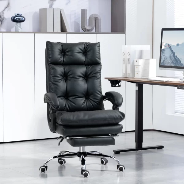 Faux Leather Office Chair with 135° Reclining Backrest and Pull-Out Footrest, Black - Image 2