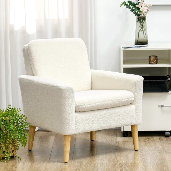 HOMCOM Padded Living Room Armchair, Modern Armchair in Fleece and Wood, 75x78x81 cm, Cream White - Image 2
