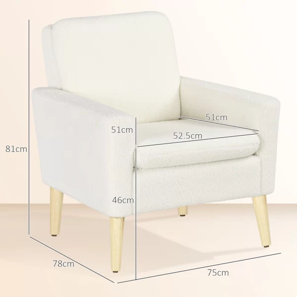 HOMCOM Padded Living Room Armchair, Modern Armchair in Fleece and Wood, 75x78x81 cm, Cream White - Image 3