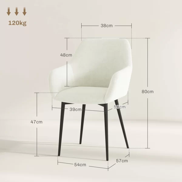 Set of 2 Nordic Dining Chairs Padded with Curved Armrests in Velvet Effect Fabric, 54x57x80 cm, Cream - Image 3
