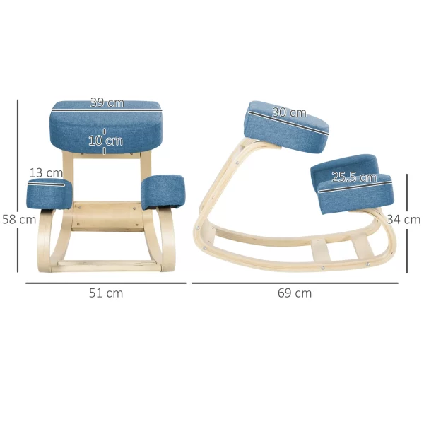 Ergonomic Chair with Kneeler in Birch Wood and Cushion, 51x69x58cm, Blue - Image 3