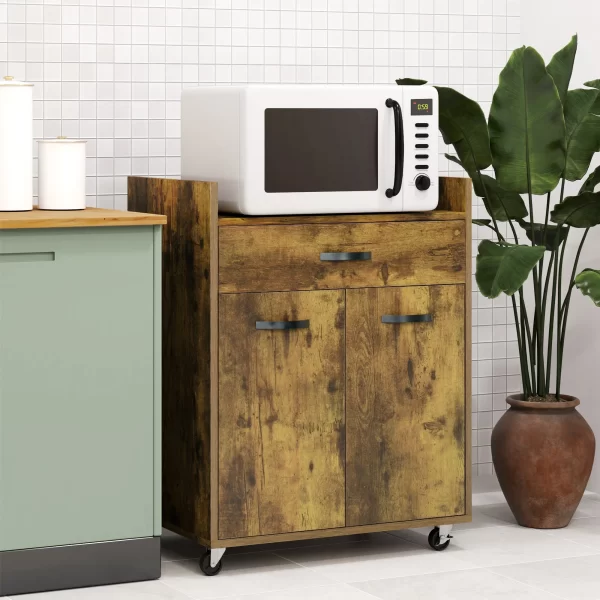 HOMCOM Kitchen Trolley with Drawer, Cabinet and 4 Wooden Wheels, 60x40x77cm, Rustic Brown - Image 2