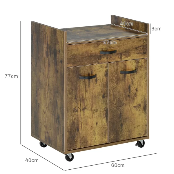 HOMCOM Kitchen Trolley with Drawer, Cabinet and 4 Wooden Wheels, 60x40x77cm, Rustic Brown - Image 3