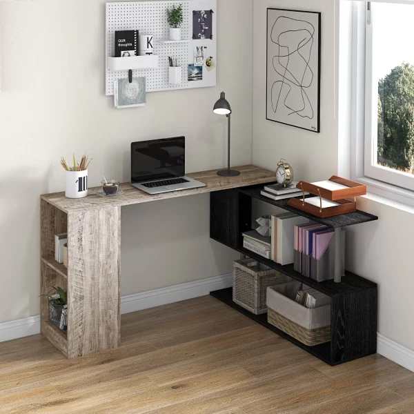 HOMCOM Space-Saving Corner Desk with S-Shaped Shelf, in Wood, 140x120x78 cm, Gray Wood Effect - Image 2