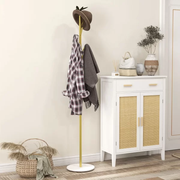 HOMCOM Freestanding Coat Hanger with 8 Hooks, Marble and Steel Base, Ø32x164cm, Gold - Image 2