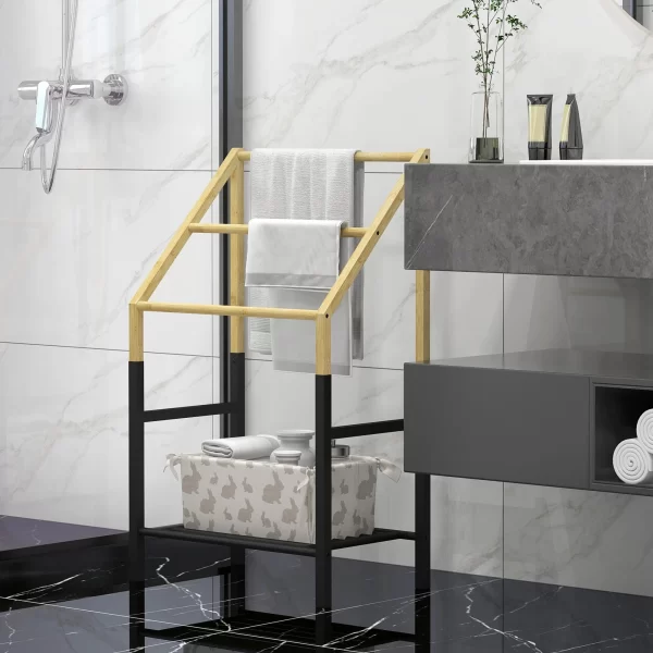 HOMCOM Floor-standing Towel Rack with 3 Bars and Lower Shelf, in Bamboo and Steel, 51x31x85.5 cm, Black and Wood color - Image 2