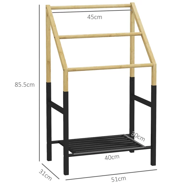 HOMCOM Floor-standing Towel Rack with 3 Bars and Lower Shelf, in Bamboo and Steel, 51x31x85.5 cm, Black and Wood color - Image 3