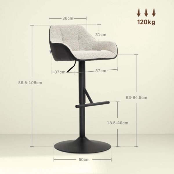 Set of 2 Height Adjustable Padded Stools with Backrest and Armrests, 52.5x53x86.5-108 cm, Black Light Grey - Image 3