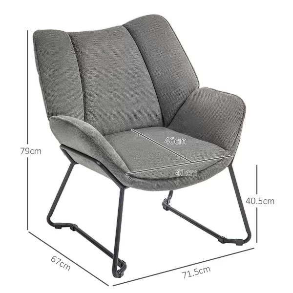 Armchair with Slanted Armrests, in Linen Effect Fabric and Steel, 71.5x67x79 cm, Grey - Image 3