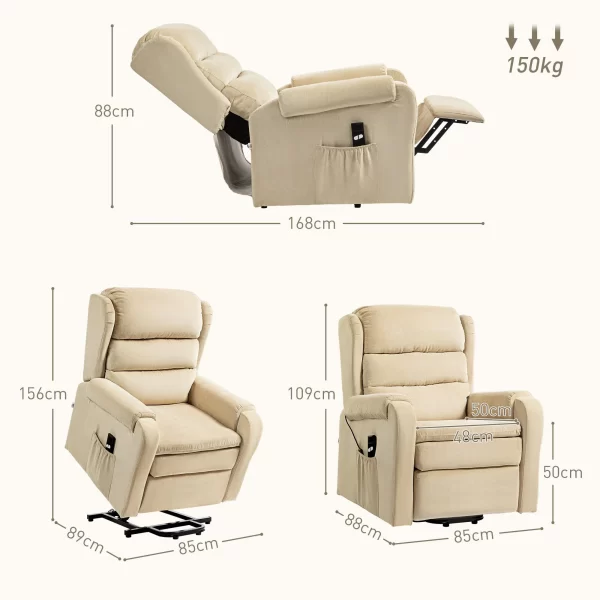 Lifting Armchair 160° Reclining  with Footrest and Remote Control, in Velvet, 85x88x109 cm, Cream - Image 3