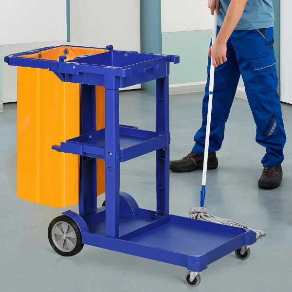 3-Tier Cleaning Trolley with Hooks and 100L Bag, 121x50.5x96.5 cm, Blue Yellow and Grey - Image 2