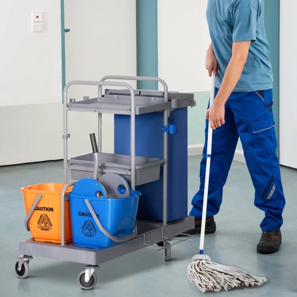 3-Tier Cleaning Trolley with Garbage Bag and Wringer, 111x63.3x103 cm, Grey, Blue and Orange - Image 2