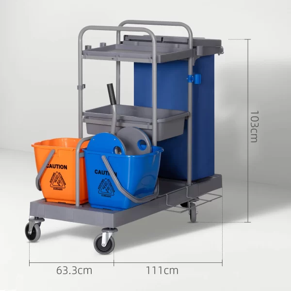 3-Tier Cleaning Trolley with Garbage Bag and Wringer, 111x63.3x103 cm, Grey, Blue and Orange - Image 3