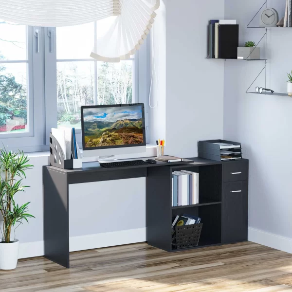 Corner Desk for Study and Office with 2 Drawers and 2 Shelves, Wooden, 117x82x74 cm, Black - Image 2