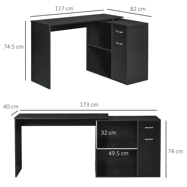 Corner Desk for Study and Office with 2 Drawers and 2 Shelves, Wooden, 117x82x74 cm, Black - Image 3