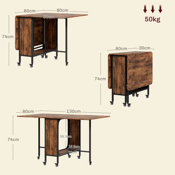 Foldable Table with 6 Wheels and Shelf Industrial Style Wood and Metal, Rustic Brown - Image 3