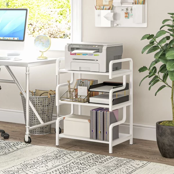 Printer desk: 3-Level Industrial Printer Stand, in Metal and Chipboard, 55x40x77 cm, White - Image 2