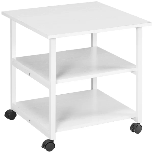 3-Tier Printer Cart with 4 Wheels, Wood and Steel, 50x50x52.5cm, White - Image 2