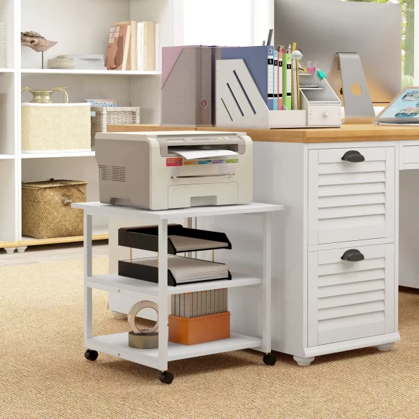 3-Tier Printer Cart with 4 Wheels, Wood and Steel, 50x50x52.5cm, White - Image 3