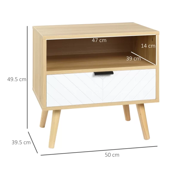 HOMCOM Modern Bedside Table with Removable Drawer and Open Shelf, in Wood, 50x39.5x49.5 cm, White and Wood Color - Image 3