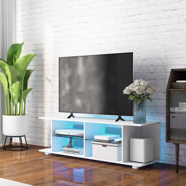 HOMCOM 60" TV Cabinet with 12 Color Lights and 2 Adjustable Shelves, in Chipboard and Glass, 144.8x40x45 cm, White - Image 2
