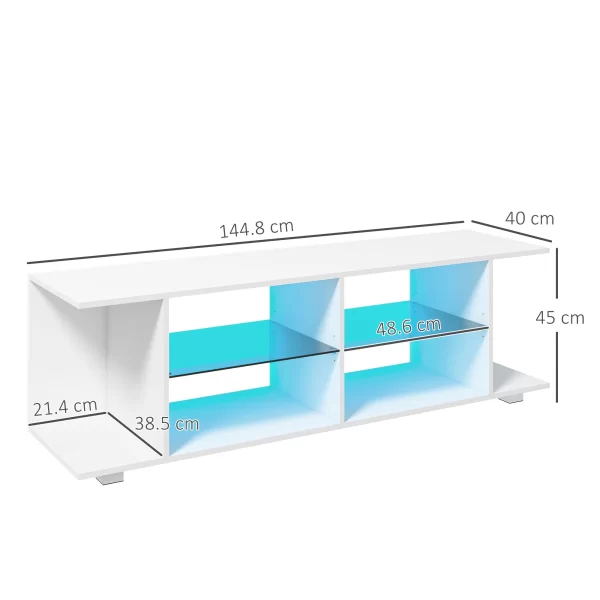 HOMCOM 60" TV Cabinet with 12 Color Lights and 2 Adjustable Shelves, in Chipboard and Glass, 144.8x40x45 cm, White - Image 3