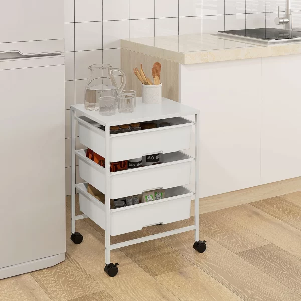 Multipurpose Trolley with 3 Removable Baskets and Wheels for Kitchen and Office in Steel and PP, White - Image 2
