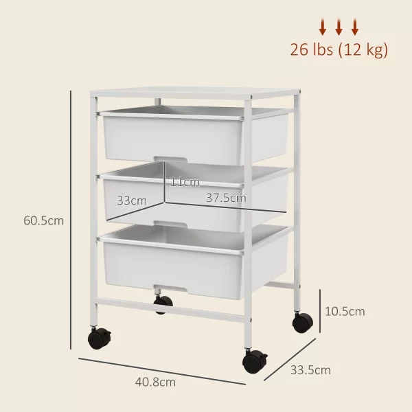Multipurpose Trolley with 3 Removable Baskets and Wheels for Kitchen and Office in Steel and PP, White - Image 3