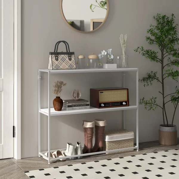 Console Table for Entrance Hall with Open Shelf, in Steel and Chipboard, 100x30x87 cm, White - Image 2
