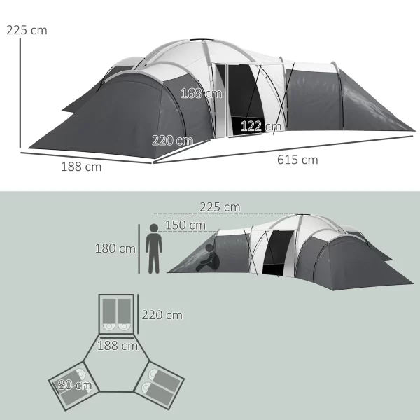 Outsunny Waterproof 6-Person Camping Tent with 3 Sleeping Areas, Living Room and Porch, in Oxford Fabric, Gray - Image 3