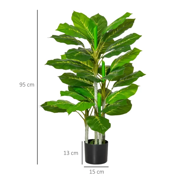 HOMCOM Artificial Green Plant 95 cm and 33 Leaves with Black Pot Ø15x13 cm, in PEVA, PE and Cement - Image 3