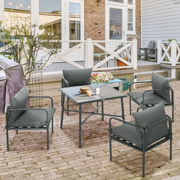 5 Piece Garden Set in Steel with 4 Chairs 58x58x66 cm and Table 80x80x71 cm with Central Hole, Gray - Image 2