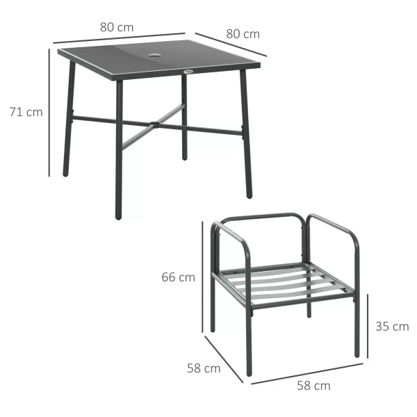 5 Piece Garden Set in Steel with 4 Chairs 58x58x66 cm and Table 80x80x71 cm with Central Hole, Gray - Image 3