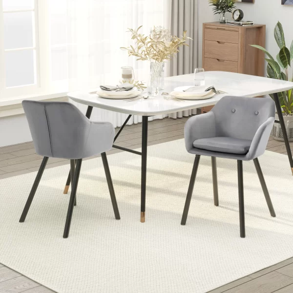 Set of 2 Dining Chairs with Armrests Padded and Velvet, 54x56x74cm, Grey - Image 2