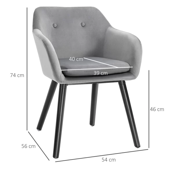Set of 2 Dining Chairs with Armrests Padded and Velvet, 54x56x74cm, Grey - Image 3