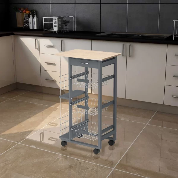 Kitchen Trolley with Pull-Out Drawers and 2 Bottle Holders, in Pine Wood and Metal, 47x37x83 cm - Image 2